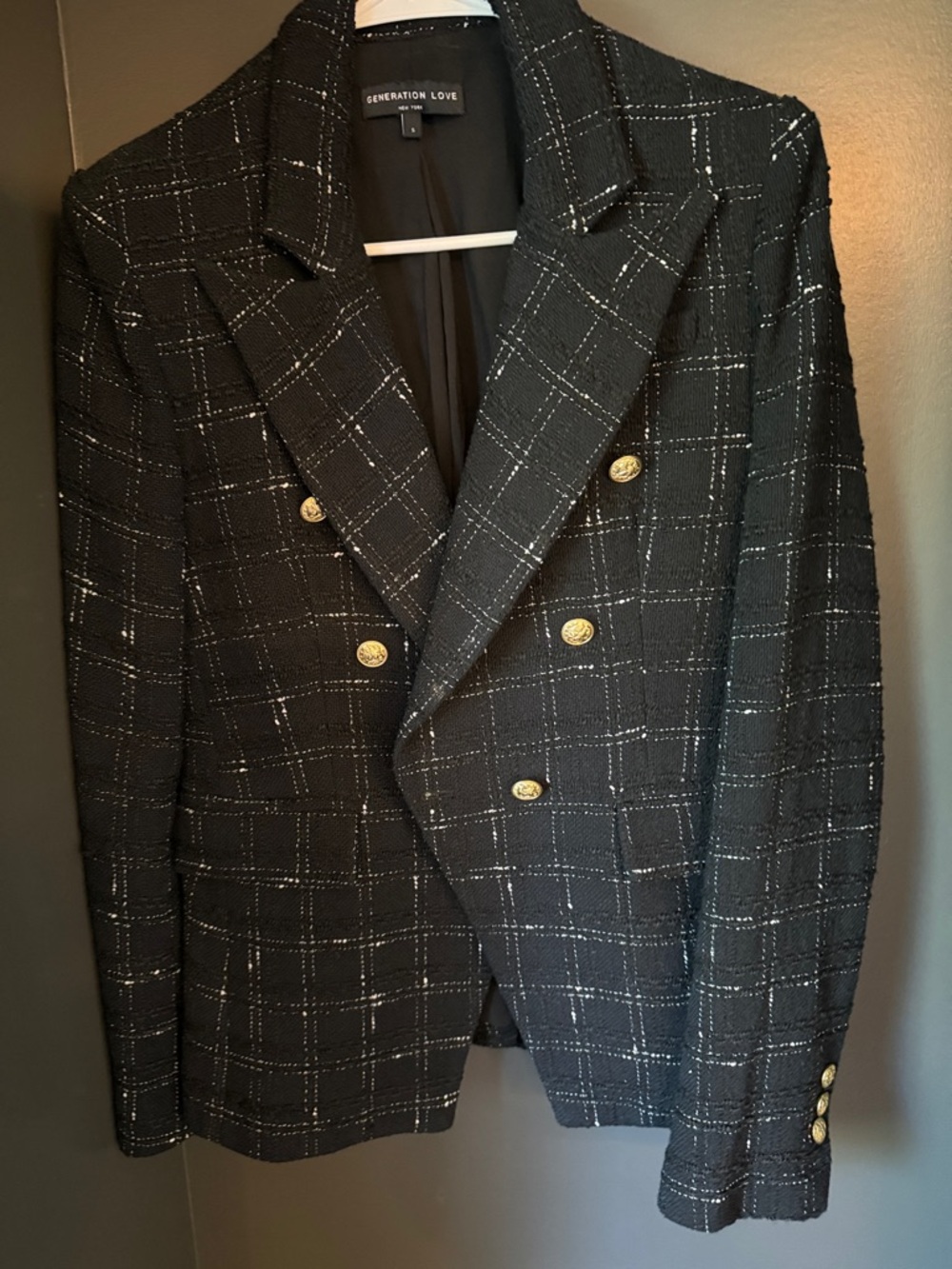 Generation Love Black Windowpane Double-Breasted Blazer with Gold Buttons